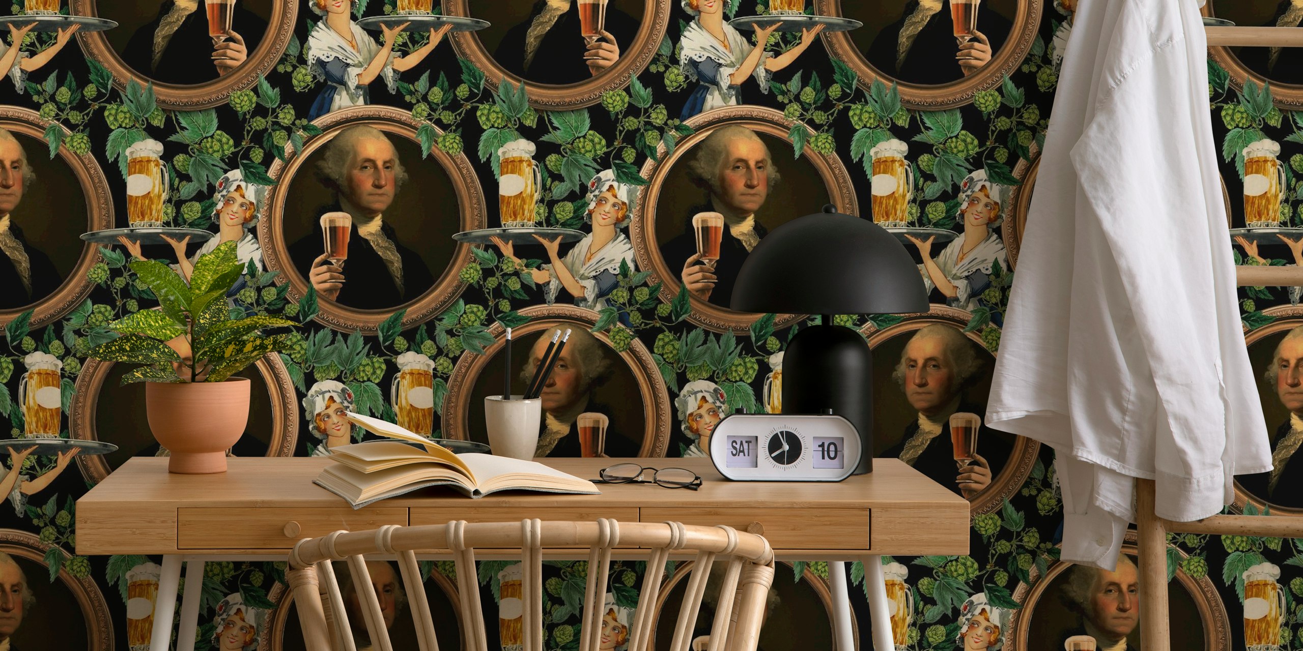 Papier peint mur mural vintage avec portraits de George Washington et femme servant de la bière, style classique.