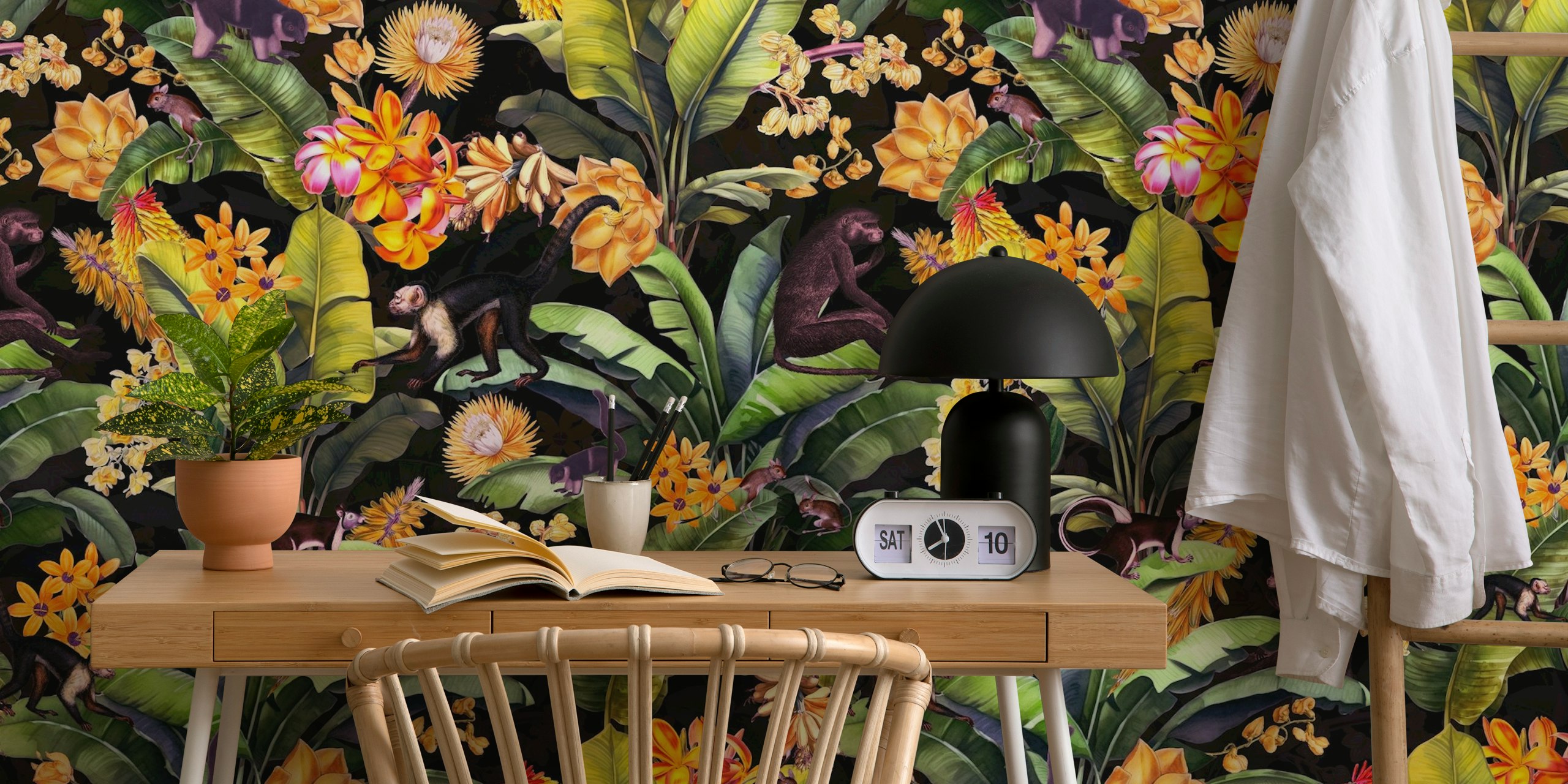 Vintage monkeys surrounded by vibrant tropical flowers and leaves wallpaper