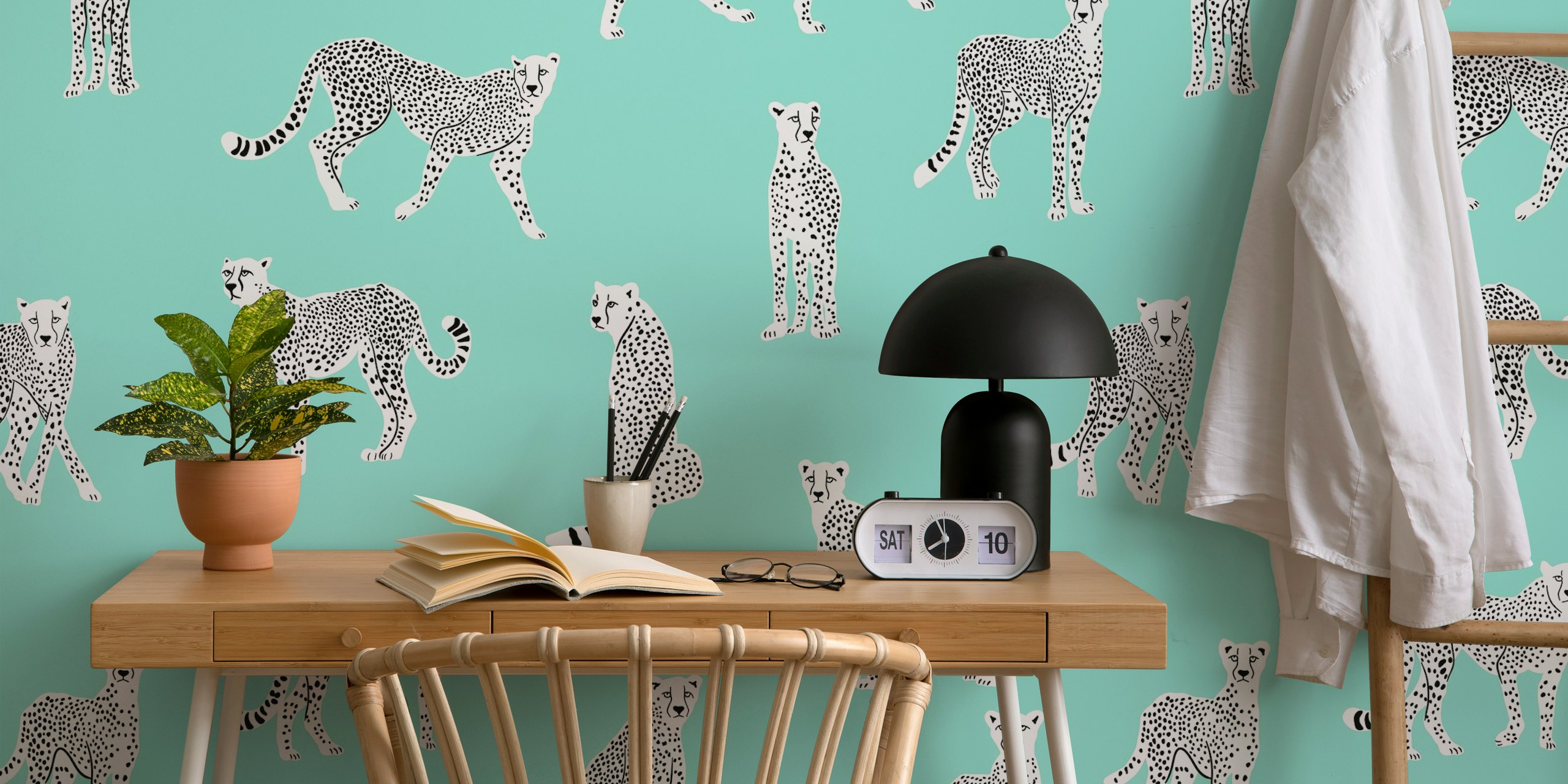 White cheetah wallpaper in a room