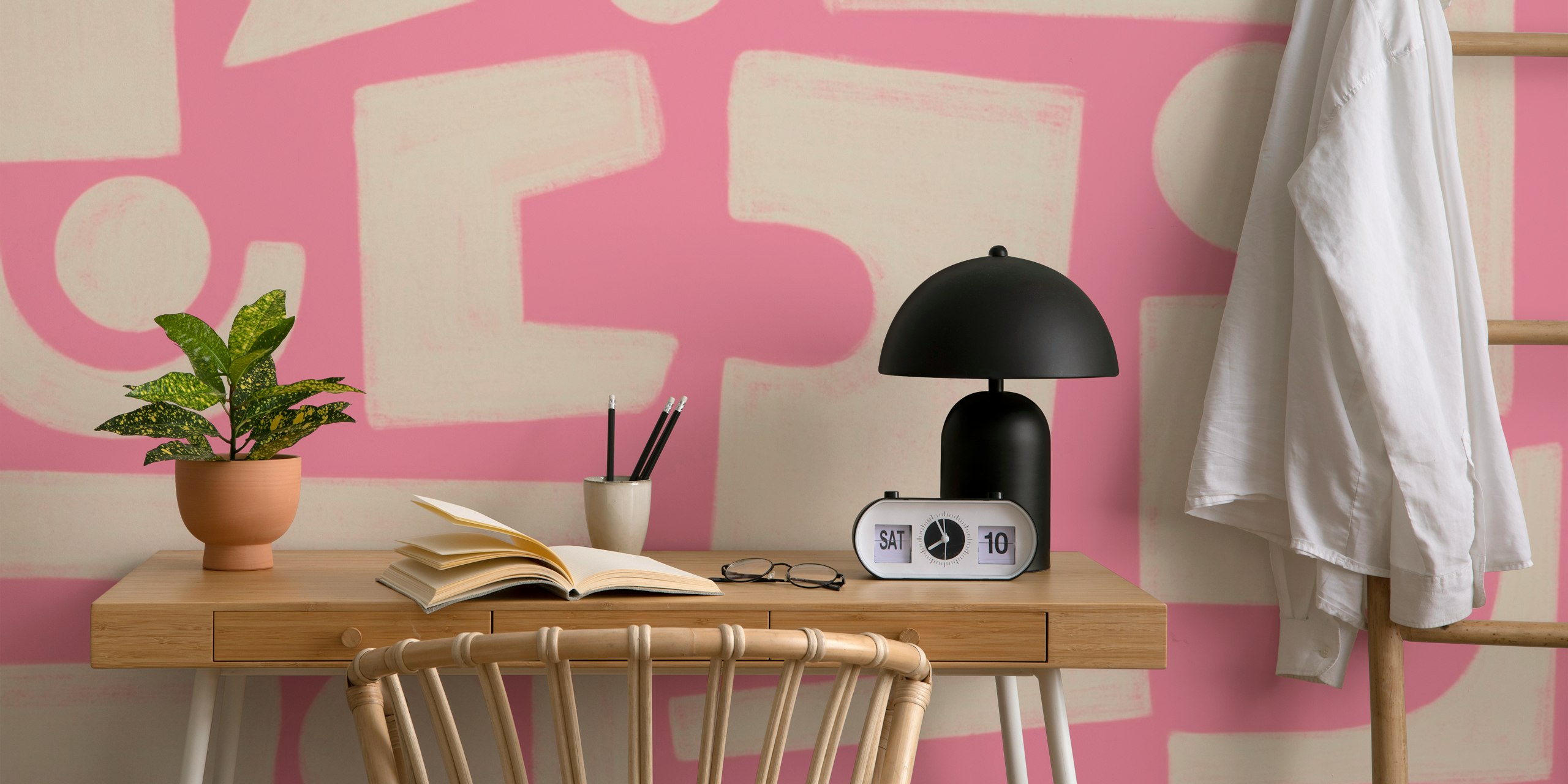 Bright pink geometric shapes in beige tones wallpaper