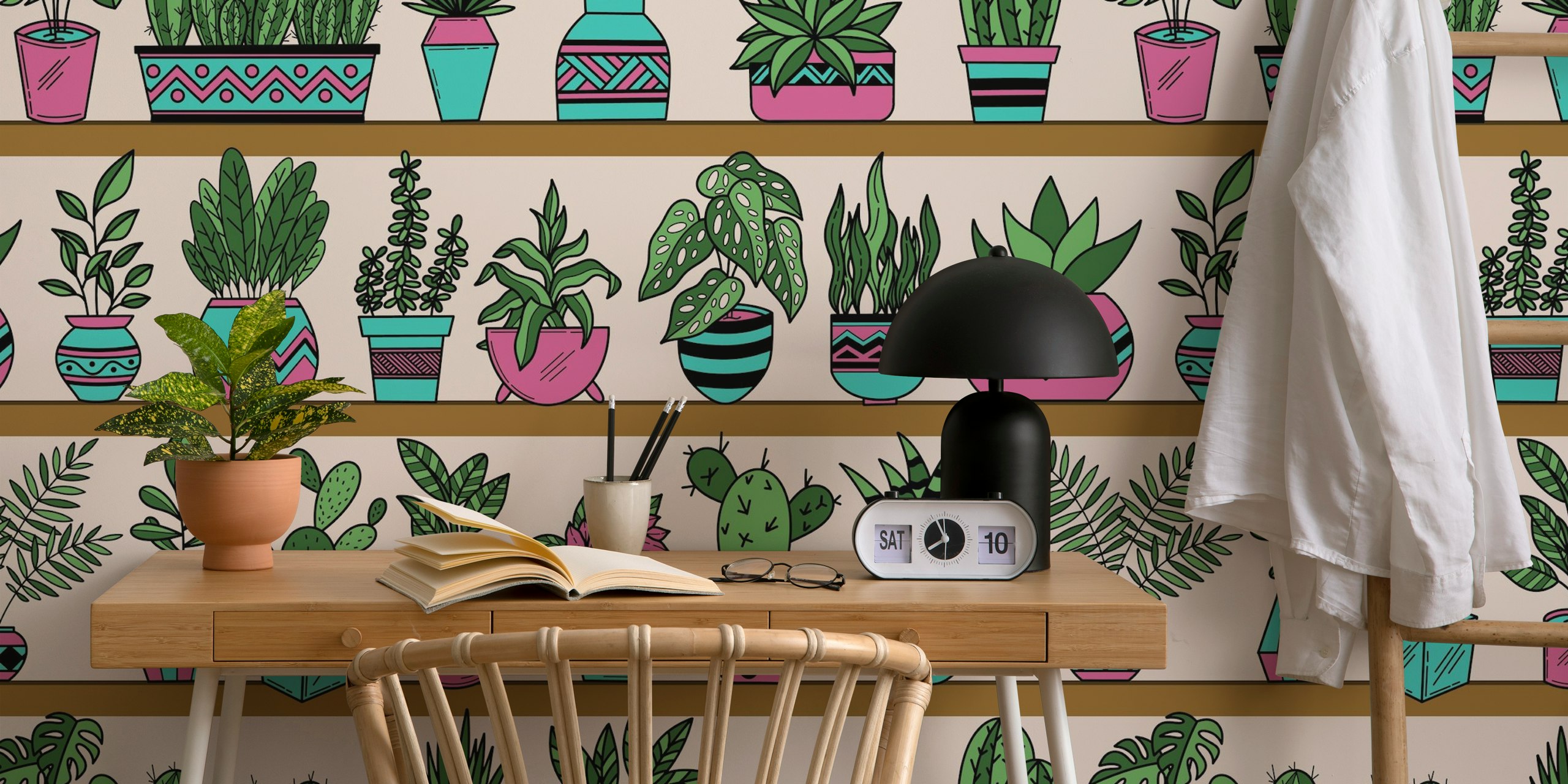 Colorful vase plants wallpaper in a room