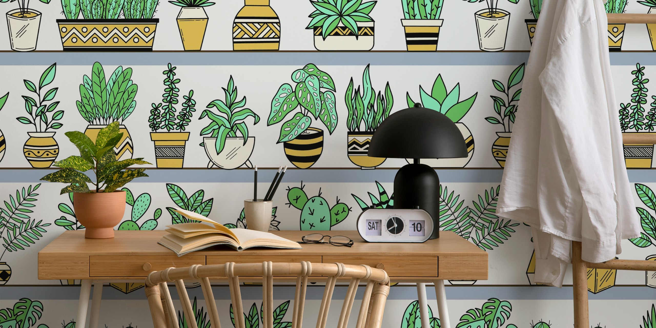 Colorful plant wallpaper on shelves