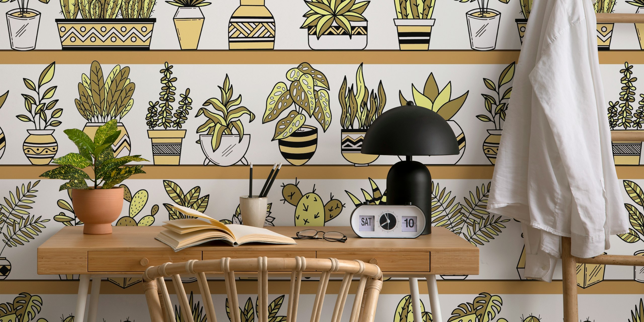 Wallpaper design with shelves and potted plants