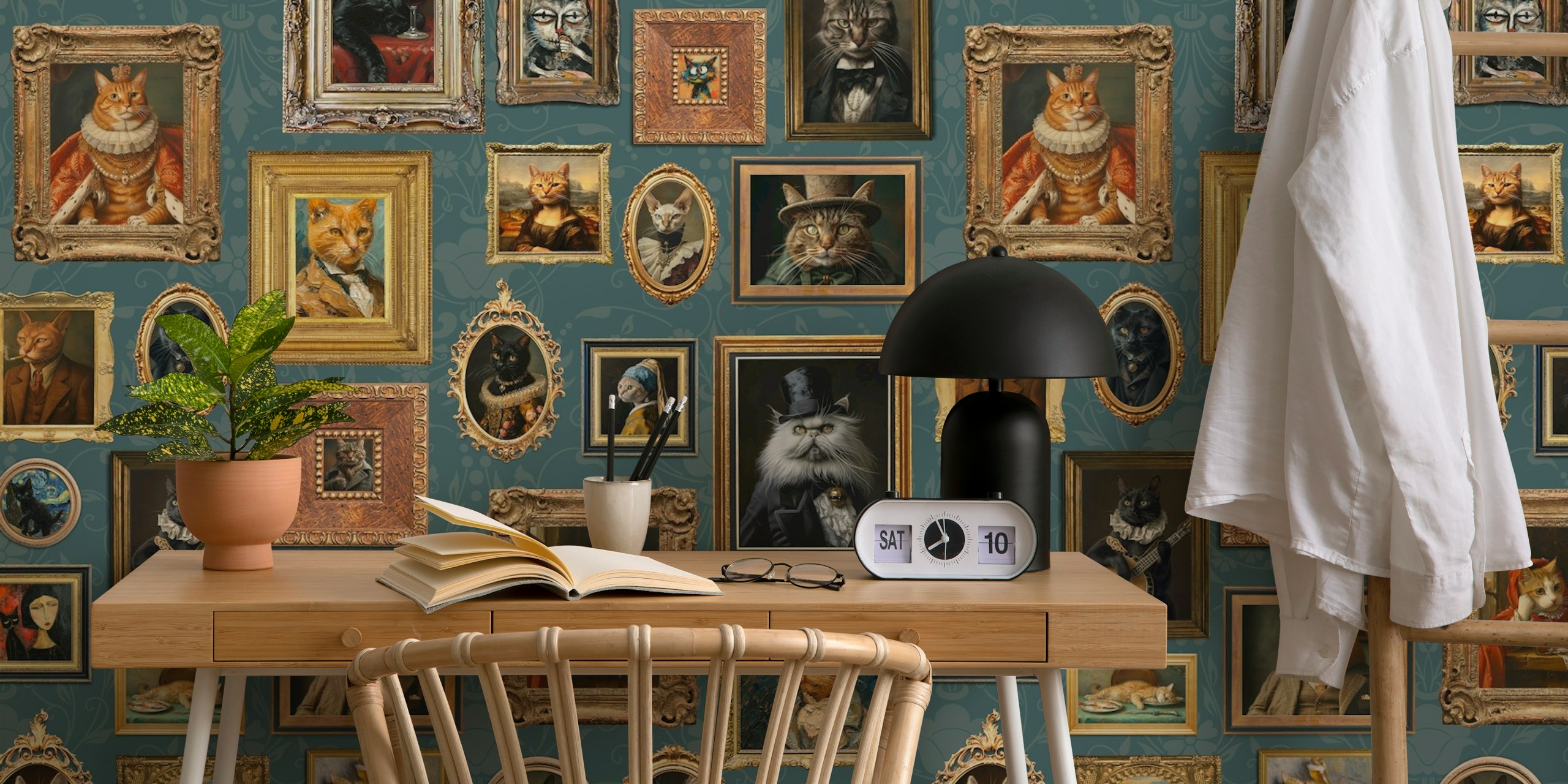Ancient fluffy famous cats portraits carta da parati in una stanza