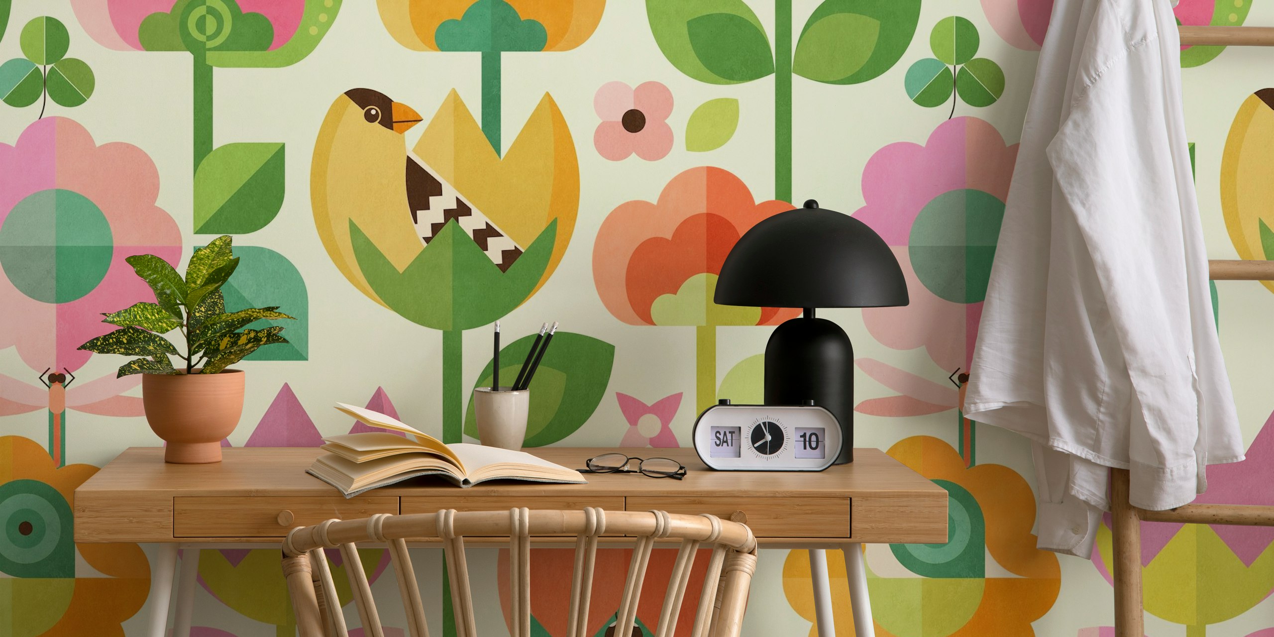 Colorful flowers, birds, and insects in a mid century style wallpaper.