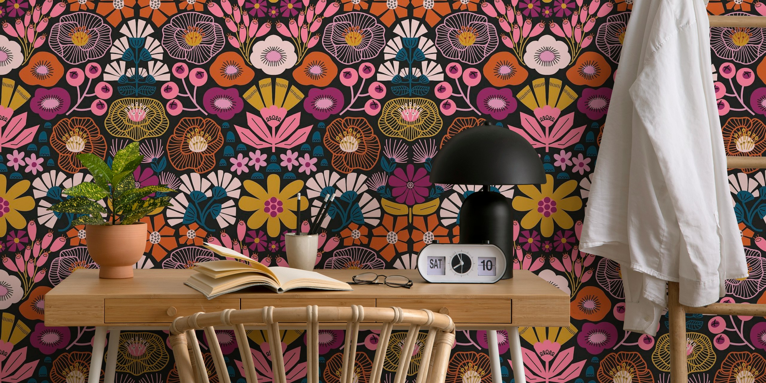 Modern folk art damask wallpaper in a room