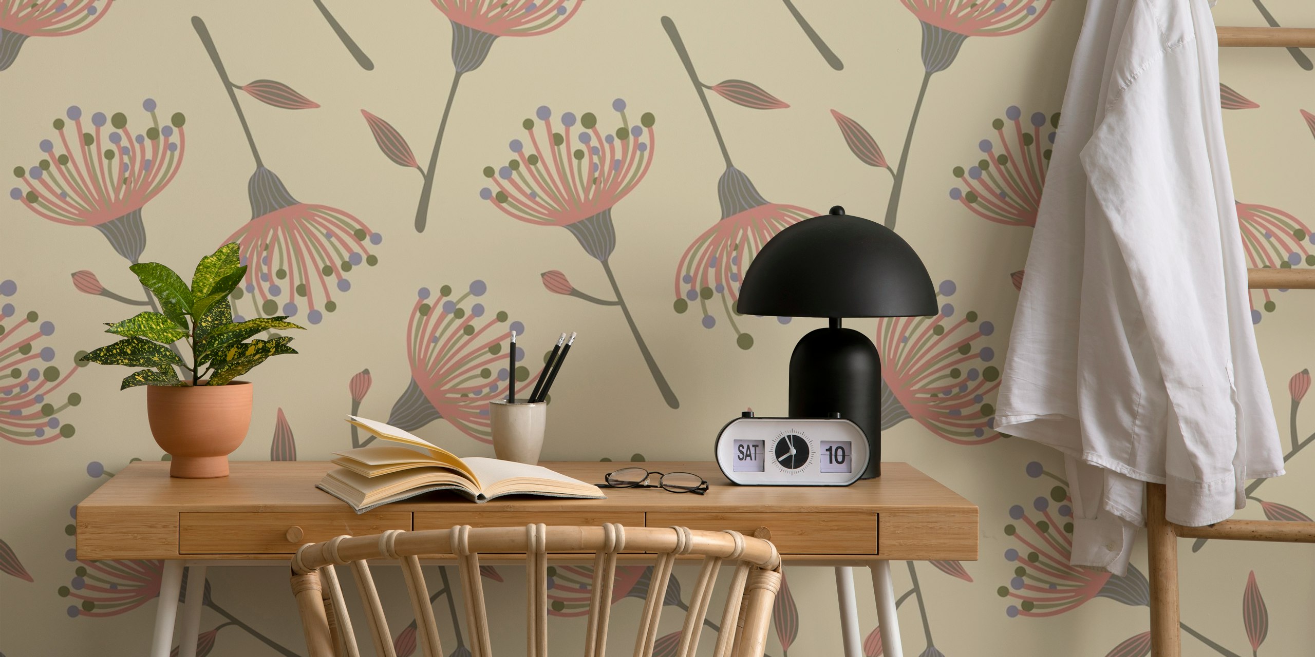 Eucalyptus tossed floral wallpaper in a room