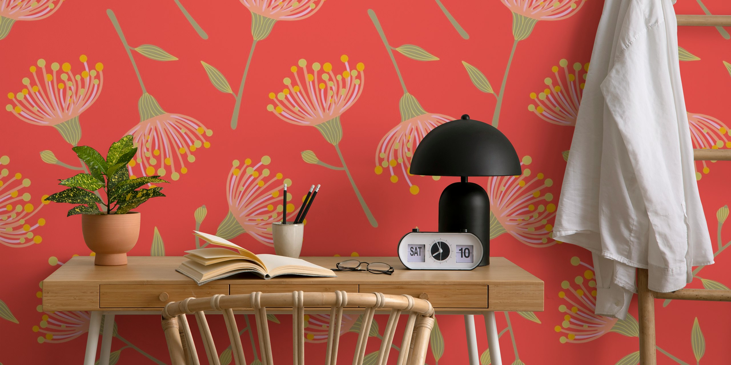 Eucalyptus tossed Floral behang in koraaloranje