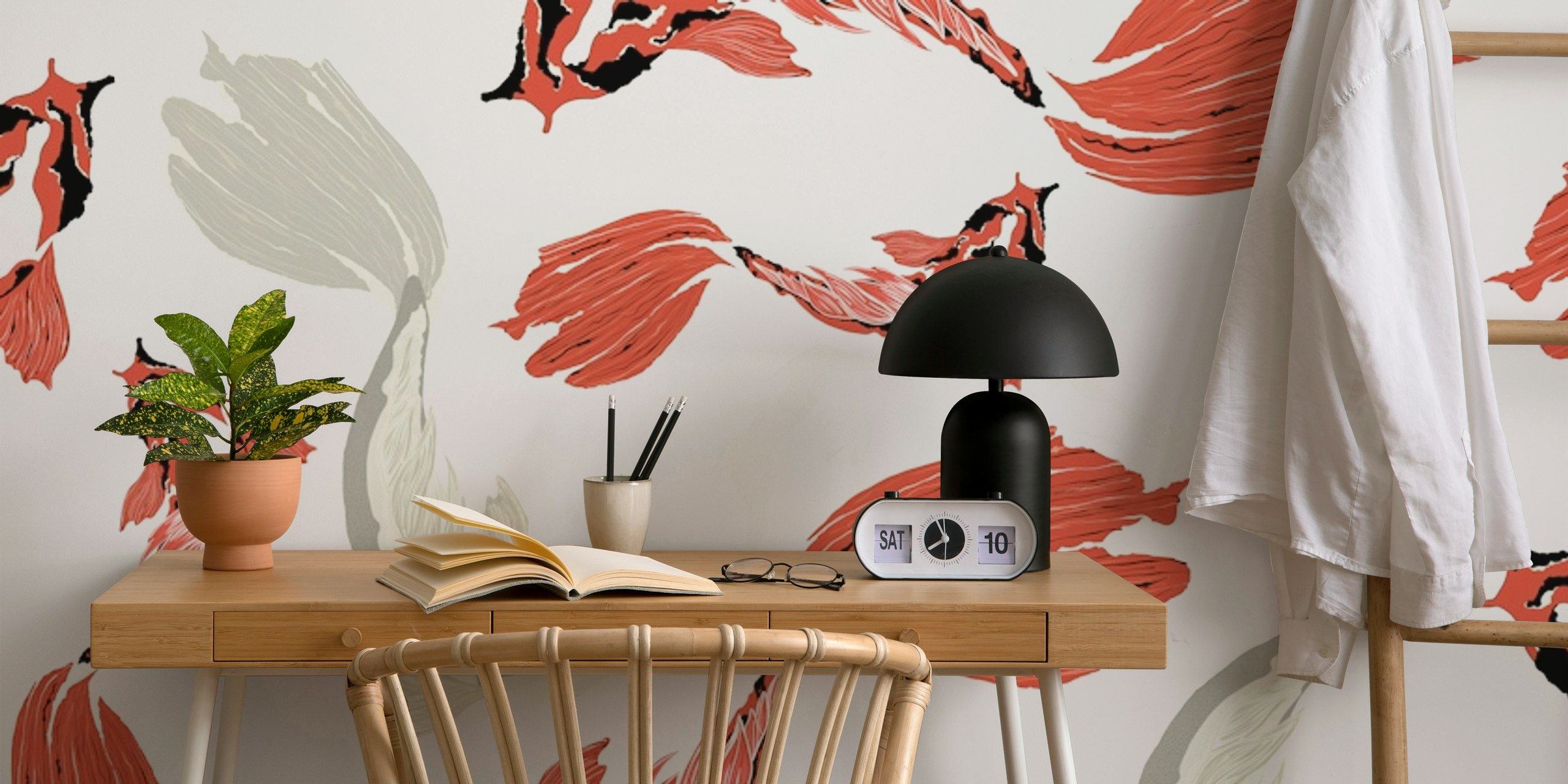 Goldfish illustrations in red and grey on white background wallpaper
