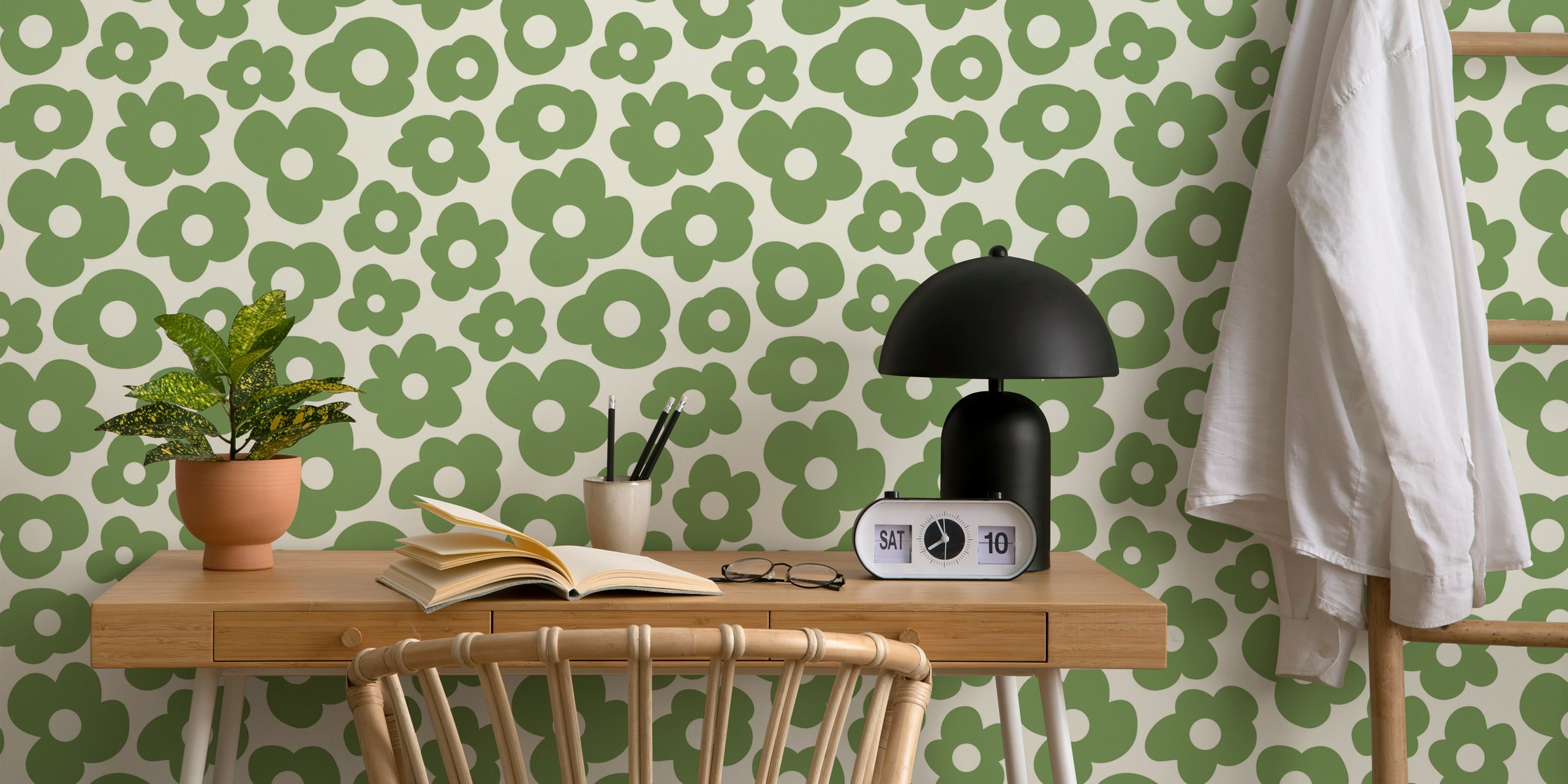 Hand drawn green flower wallpaper in a room