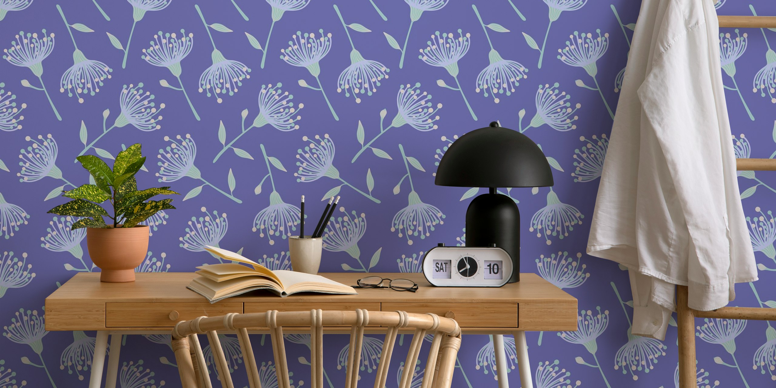 Lavender floral pattern wallpaper with eucalyptus leaves