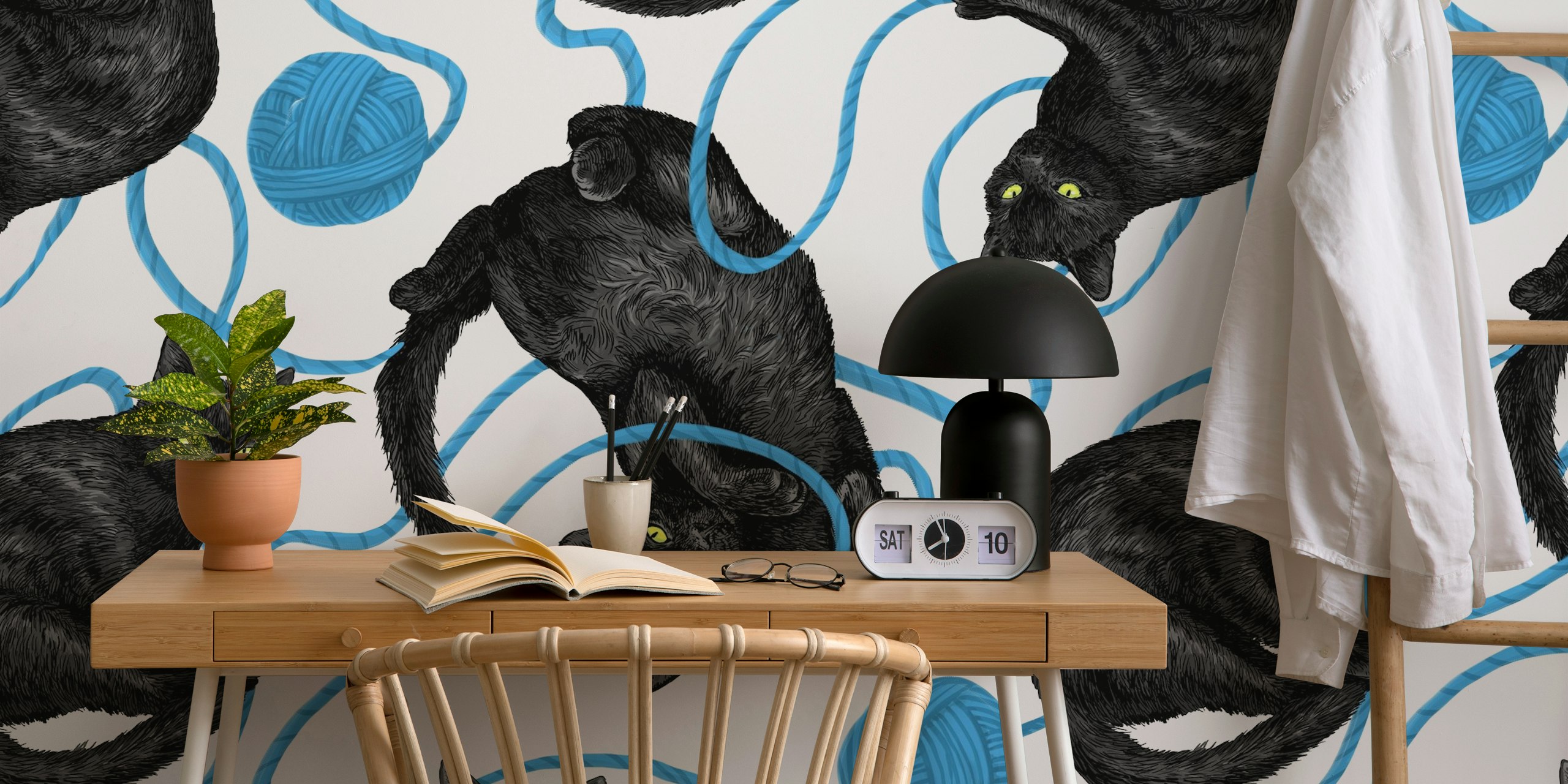 Svart katt och garn tapetdesign