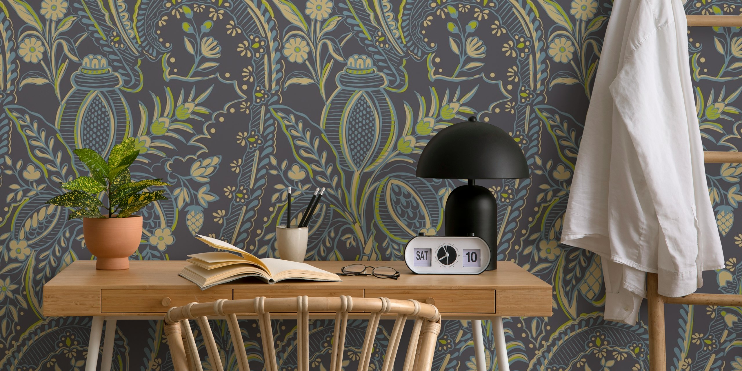 Bohemian Botanical harmony grey and blue tapet