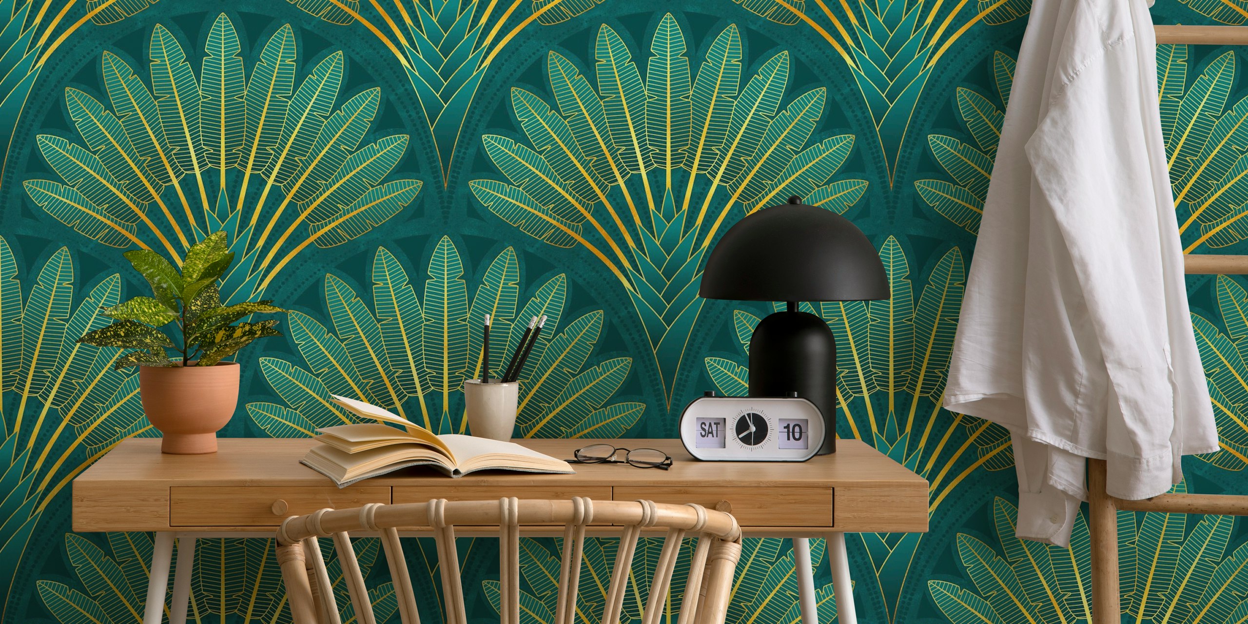 Tropical palm leaves in gold on teal wallpaper, art deco style
