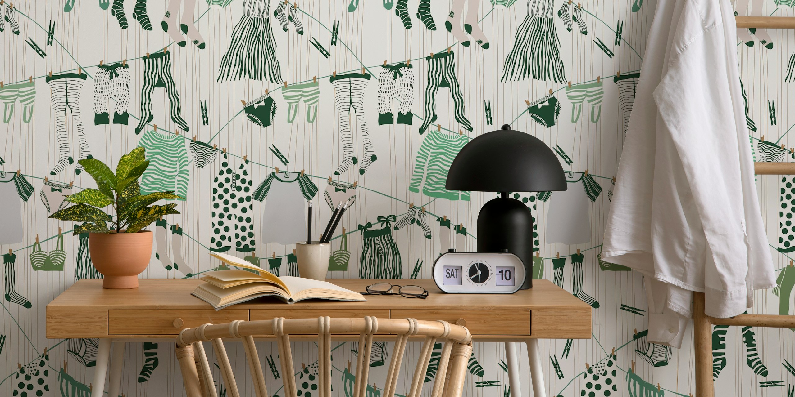 Clothesline pattern wallpaper in green tones