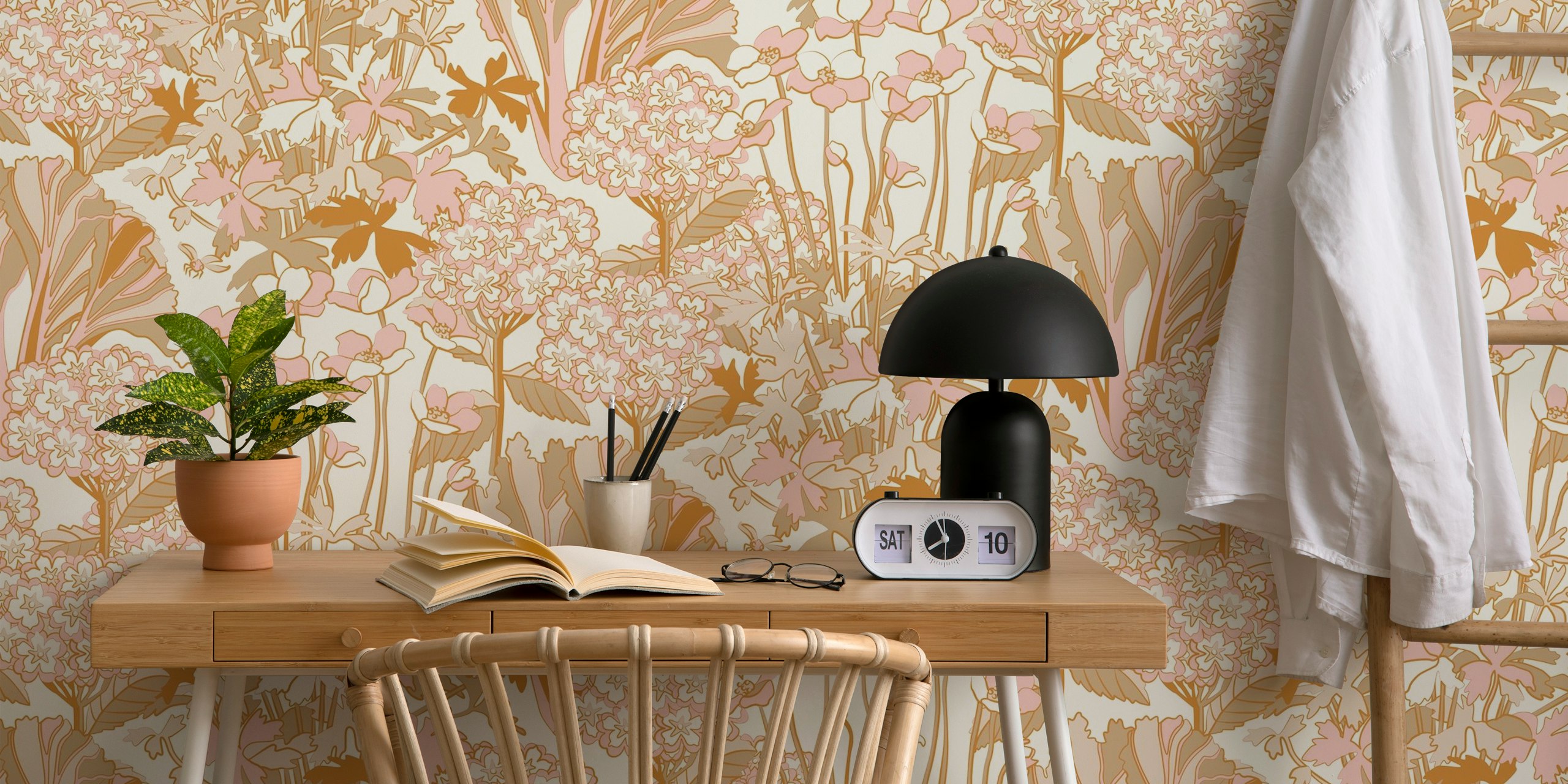 Floral design with pink flowers and green leaves wallpaper