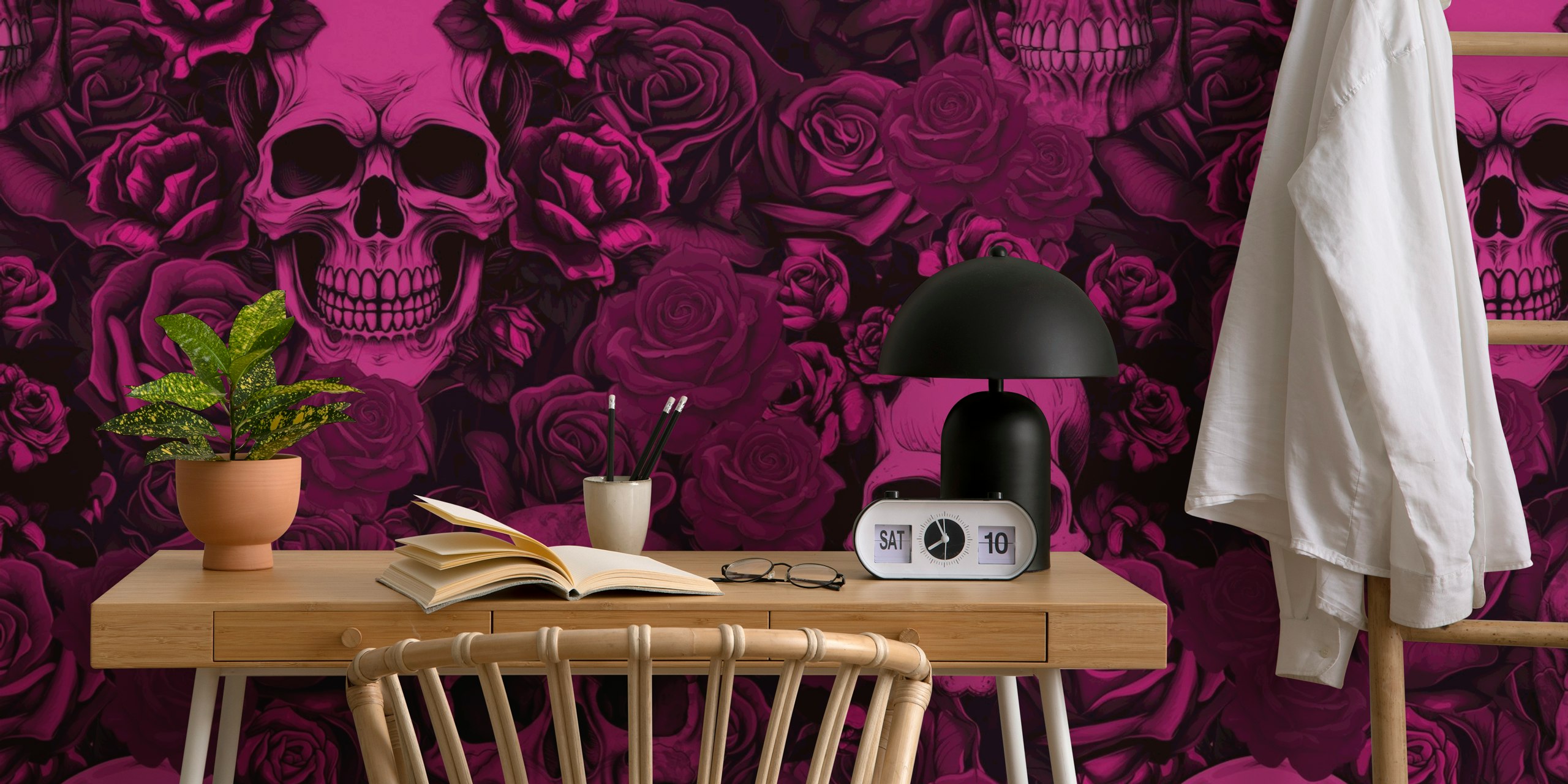 Goth skulls and pink roses pattern wallpaper
