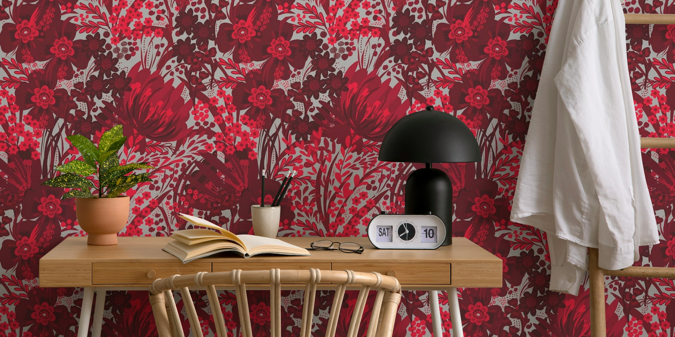 vibrant red floral pattern wallpaper with intricate flowers and foliage