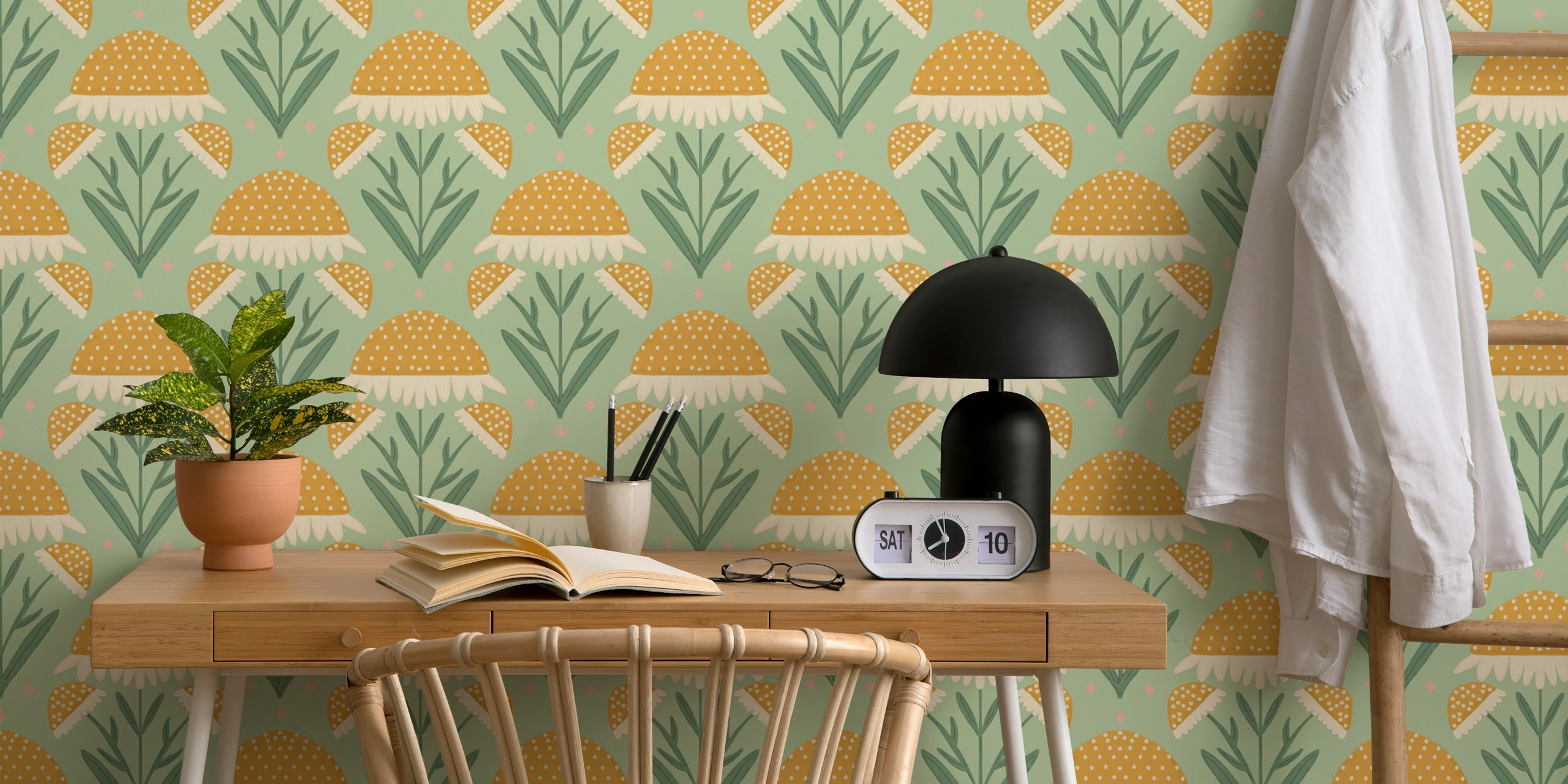 Yellow spotted mushrooms and green leaves floral design wallpaper