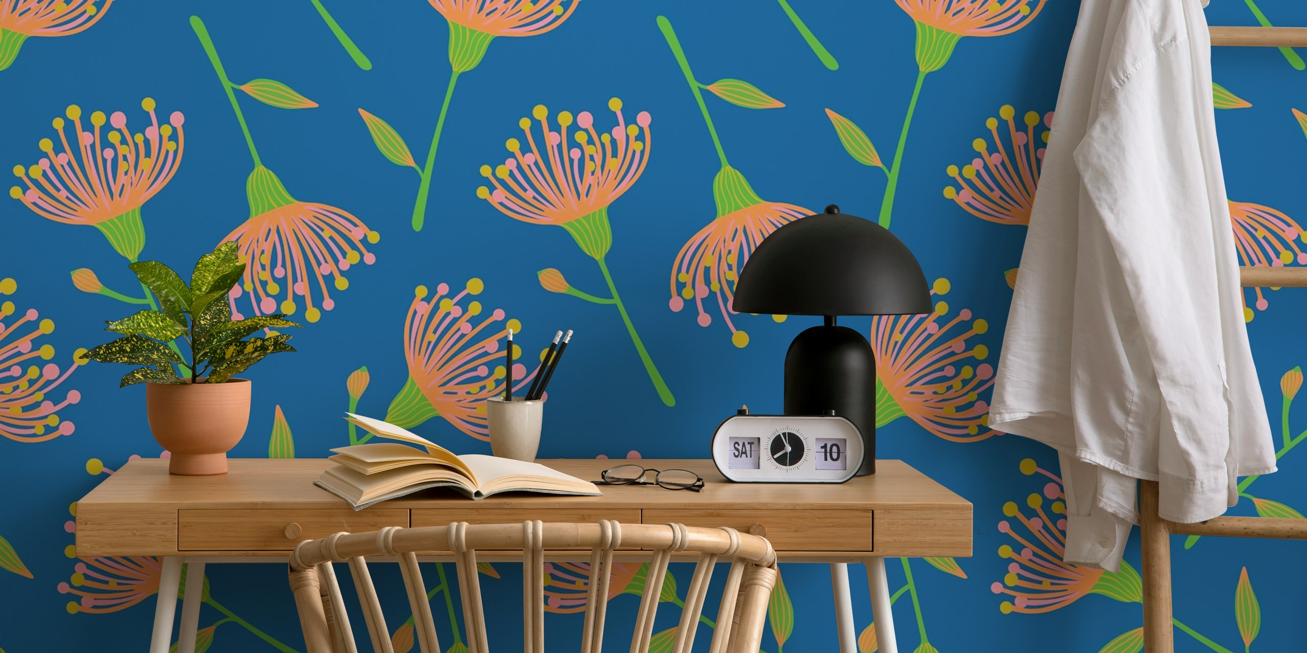 Eucalyptus Tossed Floral Wallpaper in room setting
