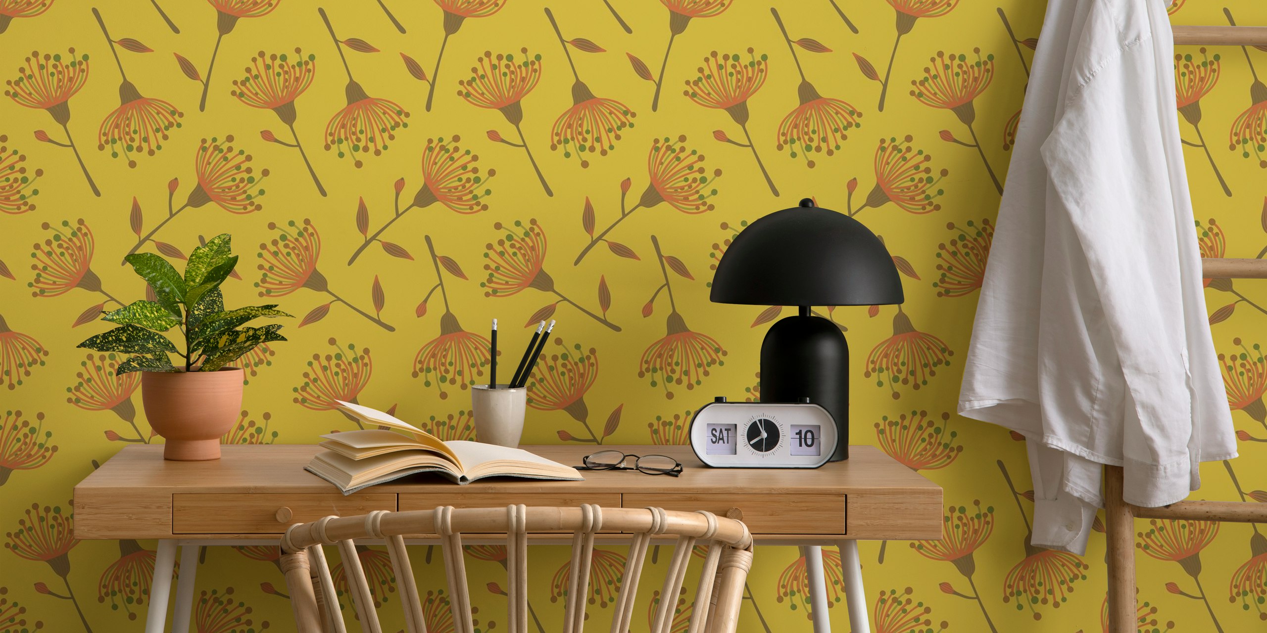 Floral design with yellow background, orange blooms and green accents wallpaper