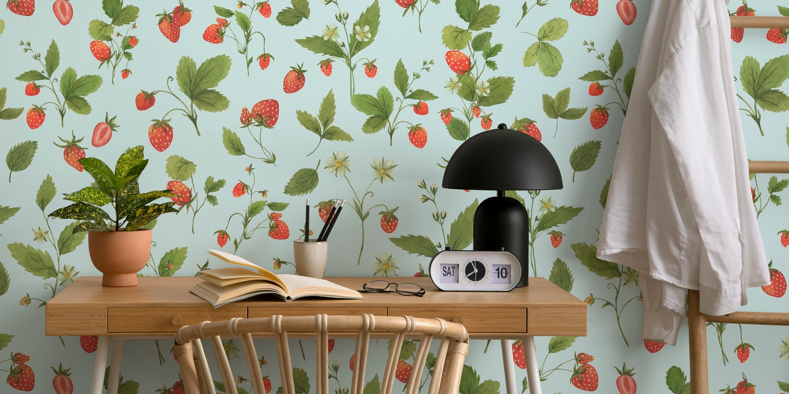 Blue floral strawberry design with green leaves wallpaper