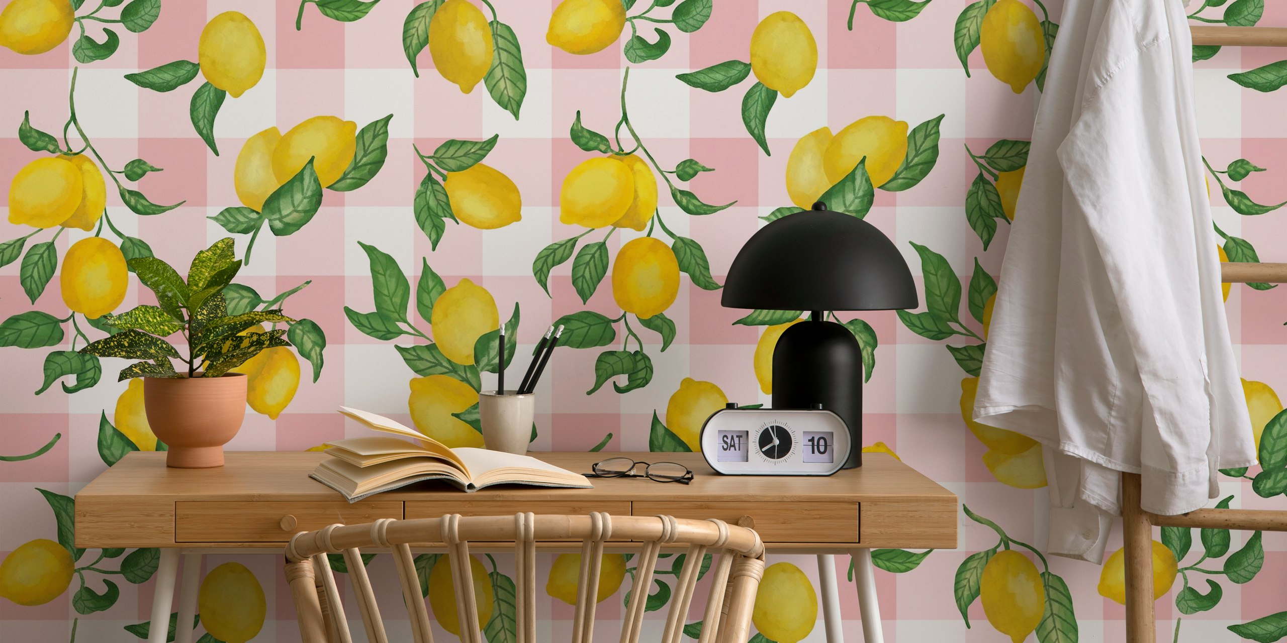 Lemon gouache wallpaper with pastel pink gingham