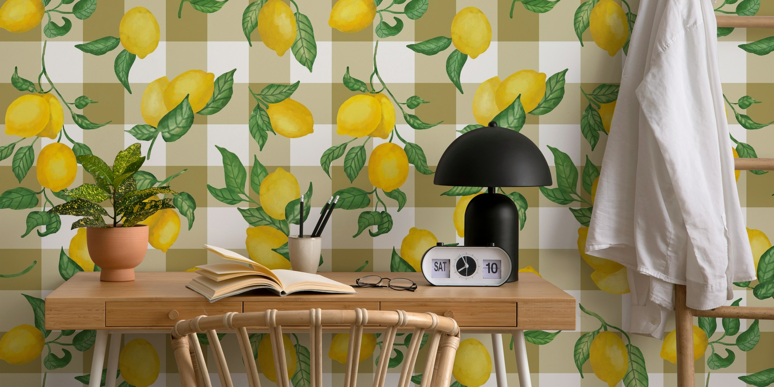 Lemon branches with green leaves on a bronze gingham background wallpaper