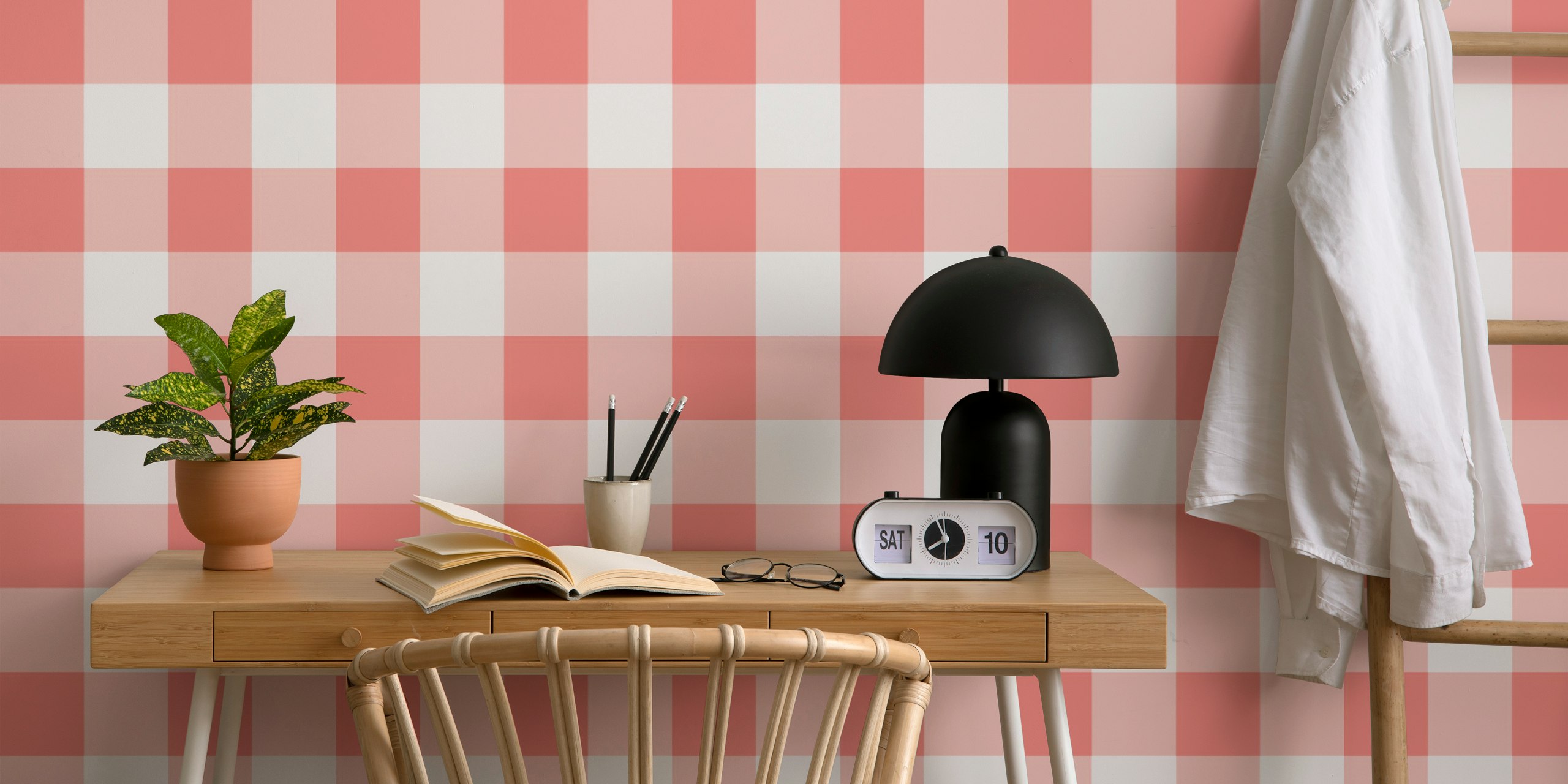 Gingham 6 Pastel Grepfruit wallpaper in a room
