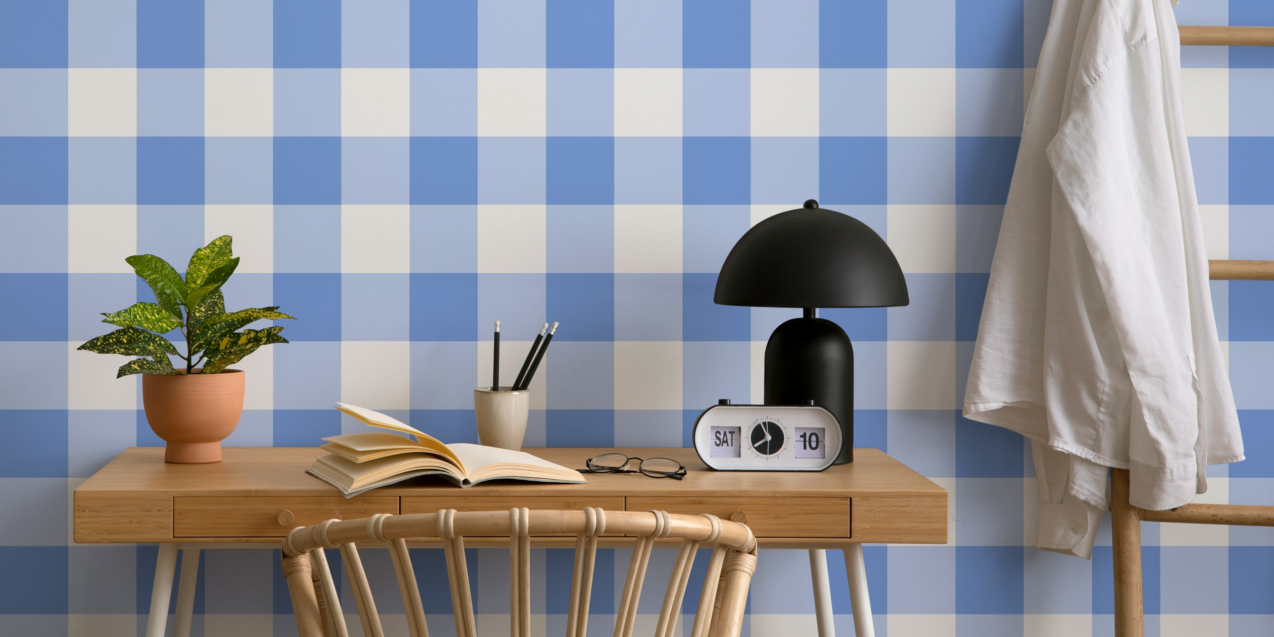 Gingham 8 Dark Pastel Blue wallpaper in a room