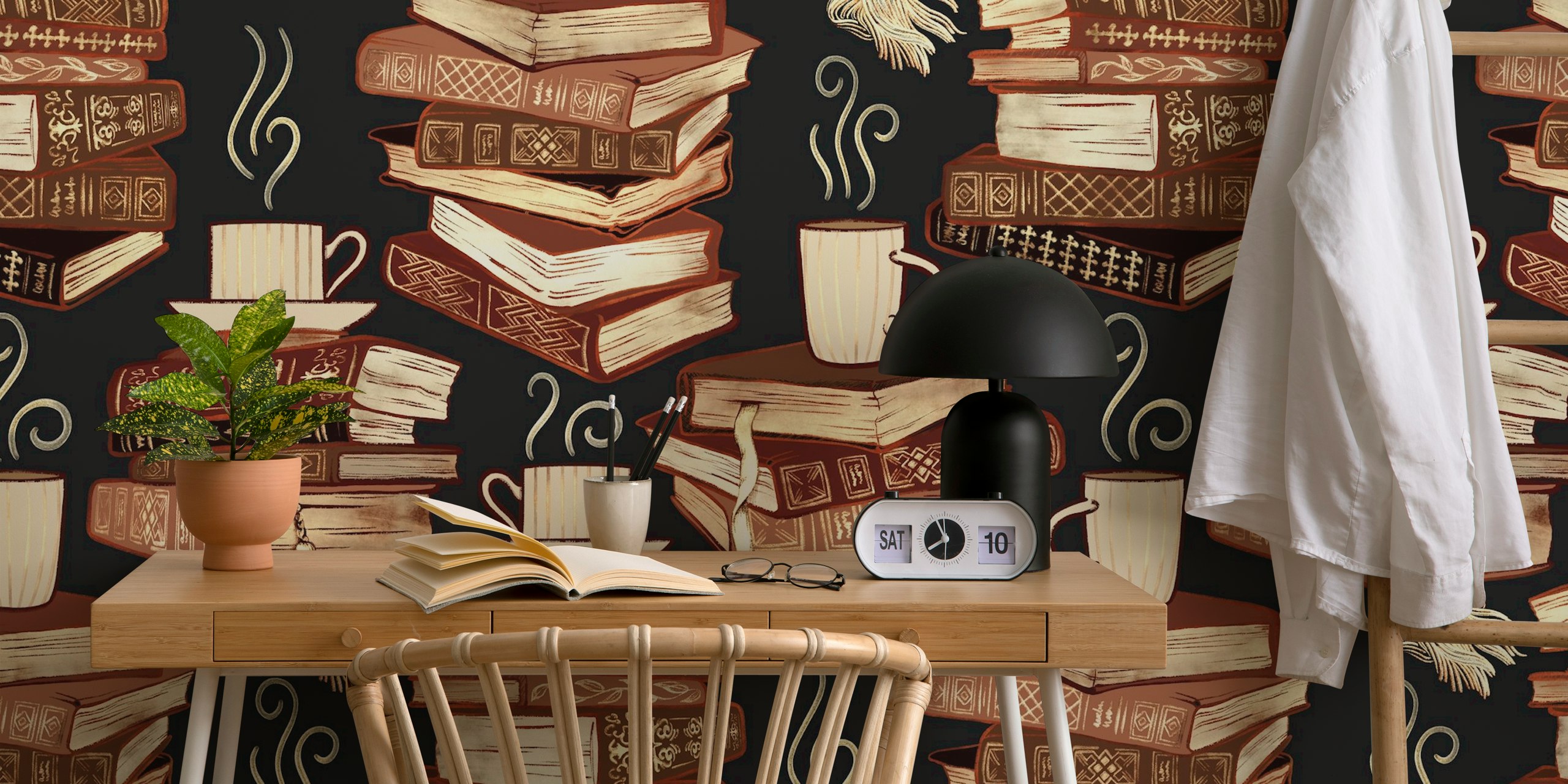 Design della carta da parati Bibliophile's Hygge in una stanza