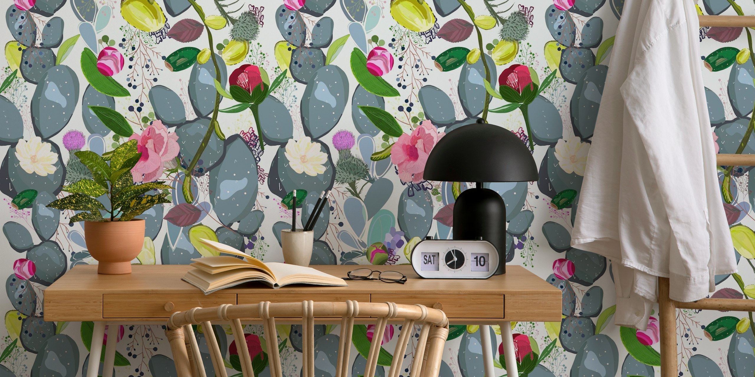 Cactus and colorful flowers pattern wallpaper