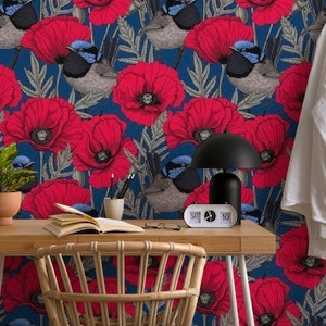 Fairy wrens and red poppies on dark blue