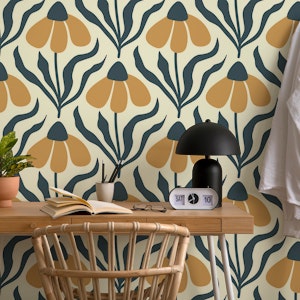 Hand drawn floating camomiles golden navy
