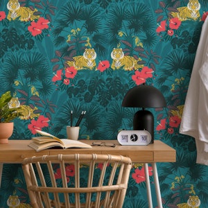 Proud Tiger - Sumatran Blue - Jungle print with tigers, palms, monstera and hibiscus