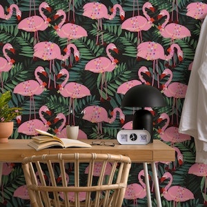 Flamingo with tropical flowers black