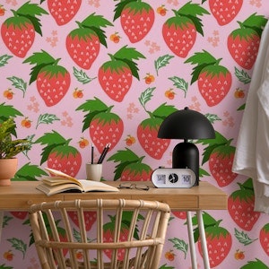 Strawberries and Pink fruit with leaves and elements kawaii style cute pattern