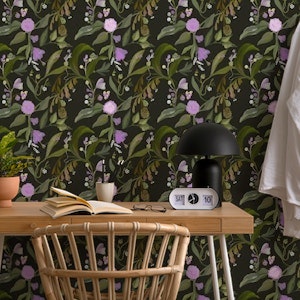 Purple floral with green tropical leaves oil painting style pattern