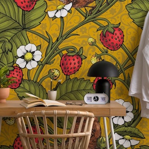 Wrens and strawberries on mustrard