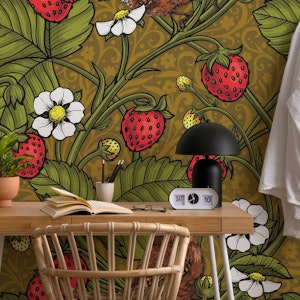 Wrens and strawberries on brown ochre