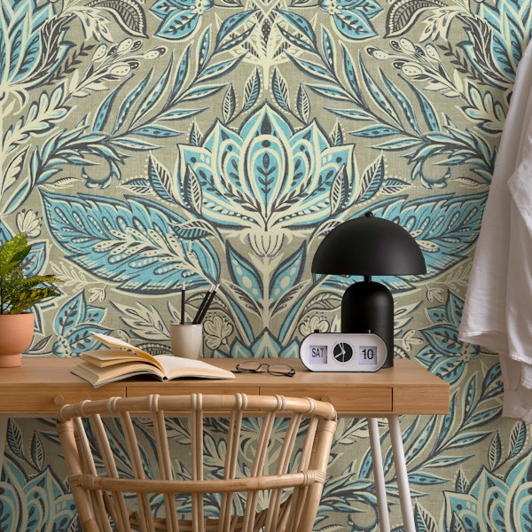 Botanical Damask in Fawn, Cream and Aqua