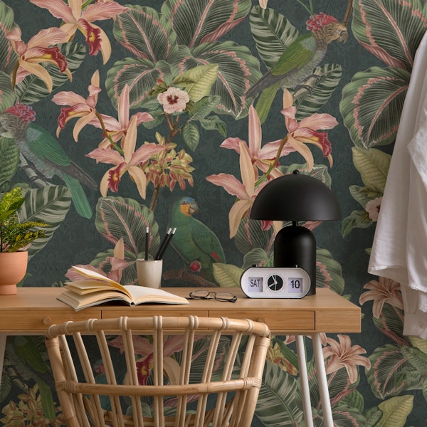 Tropical birds & jungle flowers - dark green