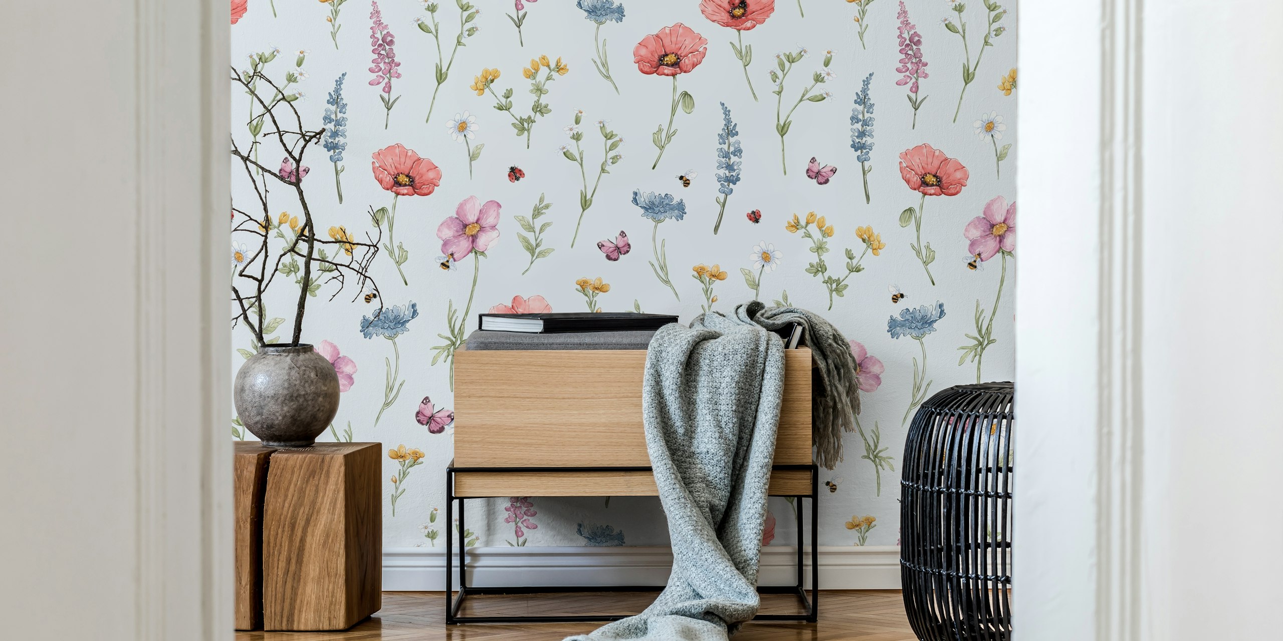 Colorful flowers like poppies and daisies on light blue wallpaper