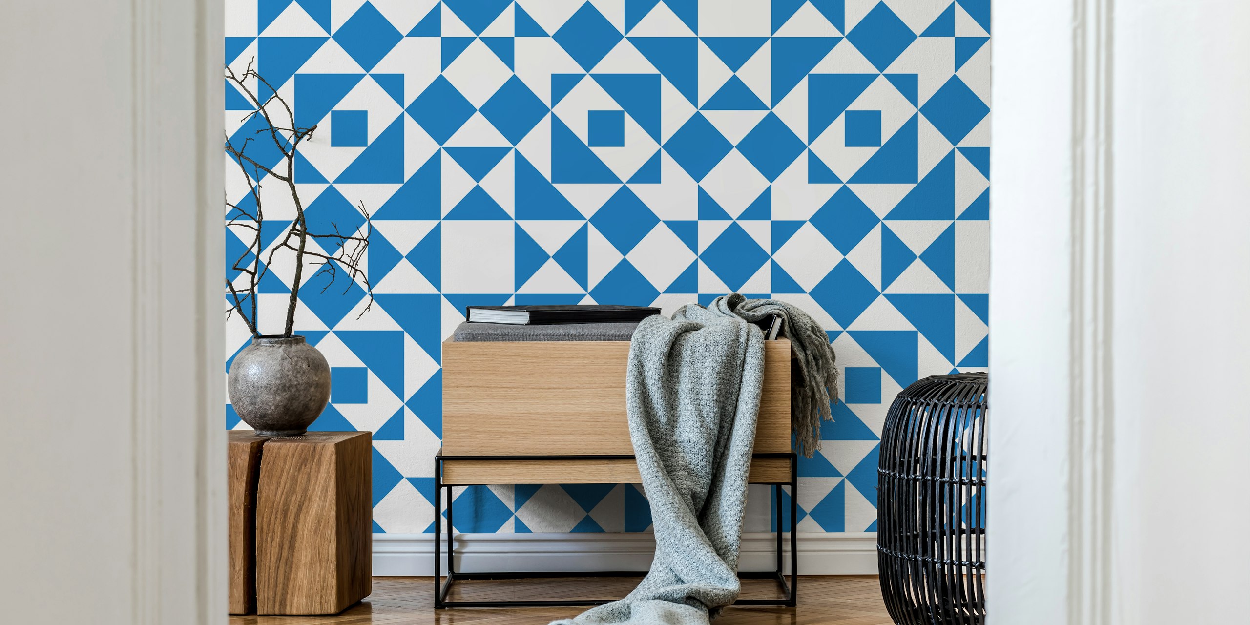 Victorian tiles patchwork wallpaper in blue and white