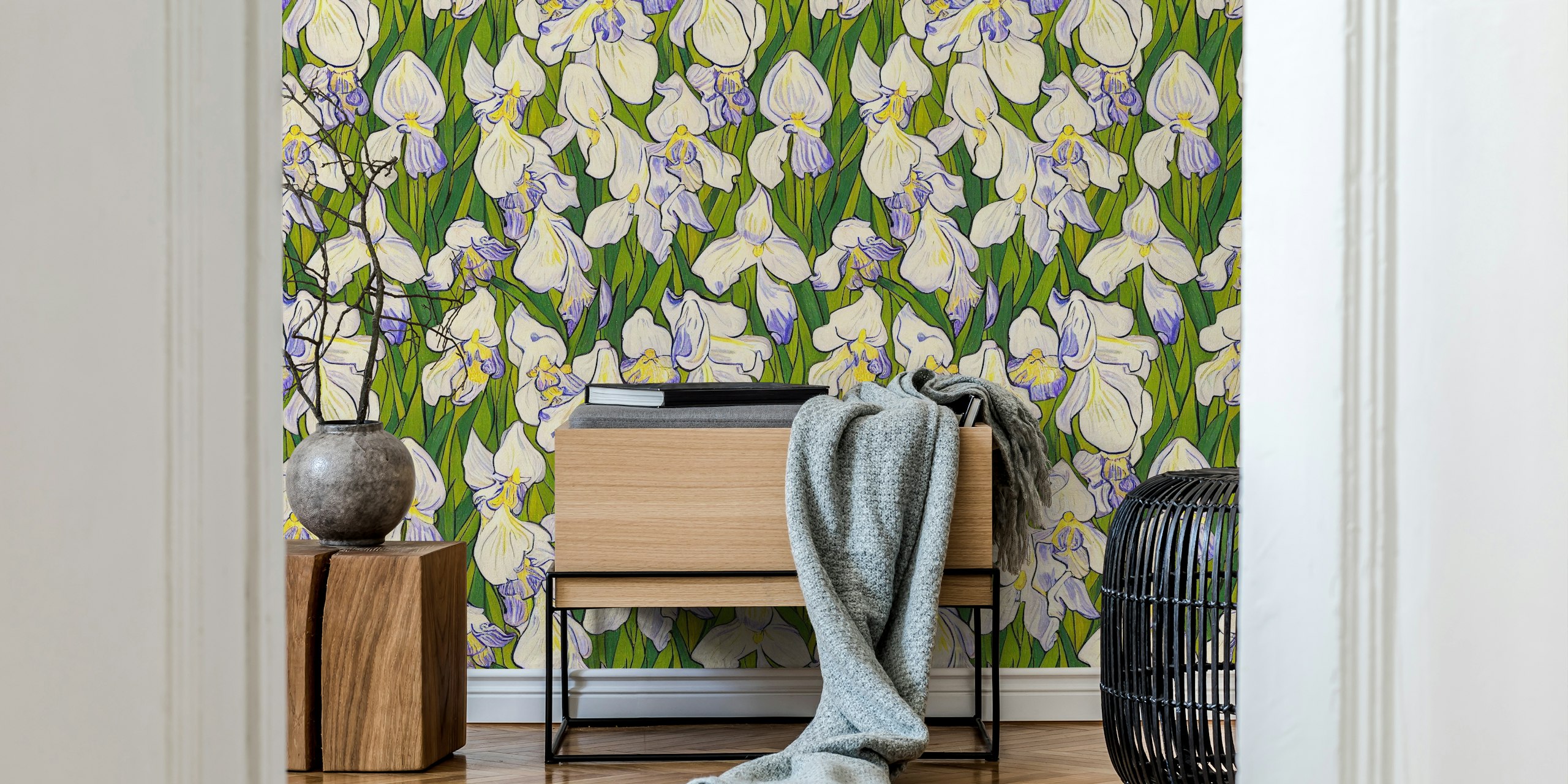 White iris flowers with green foliage wallpaper