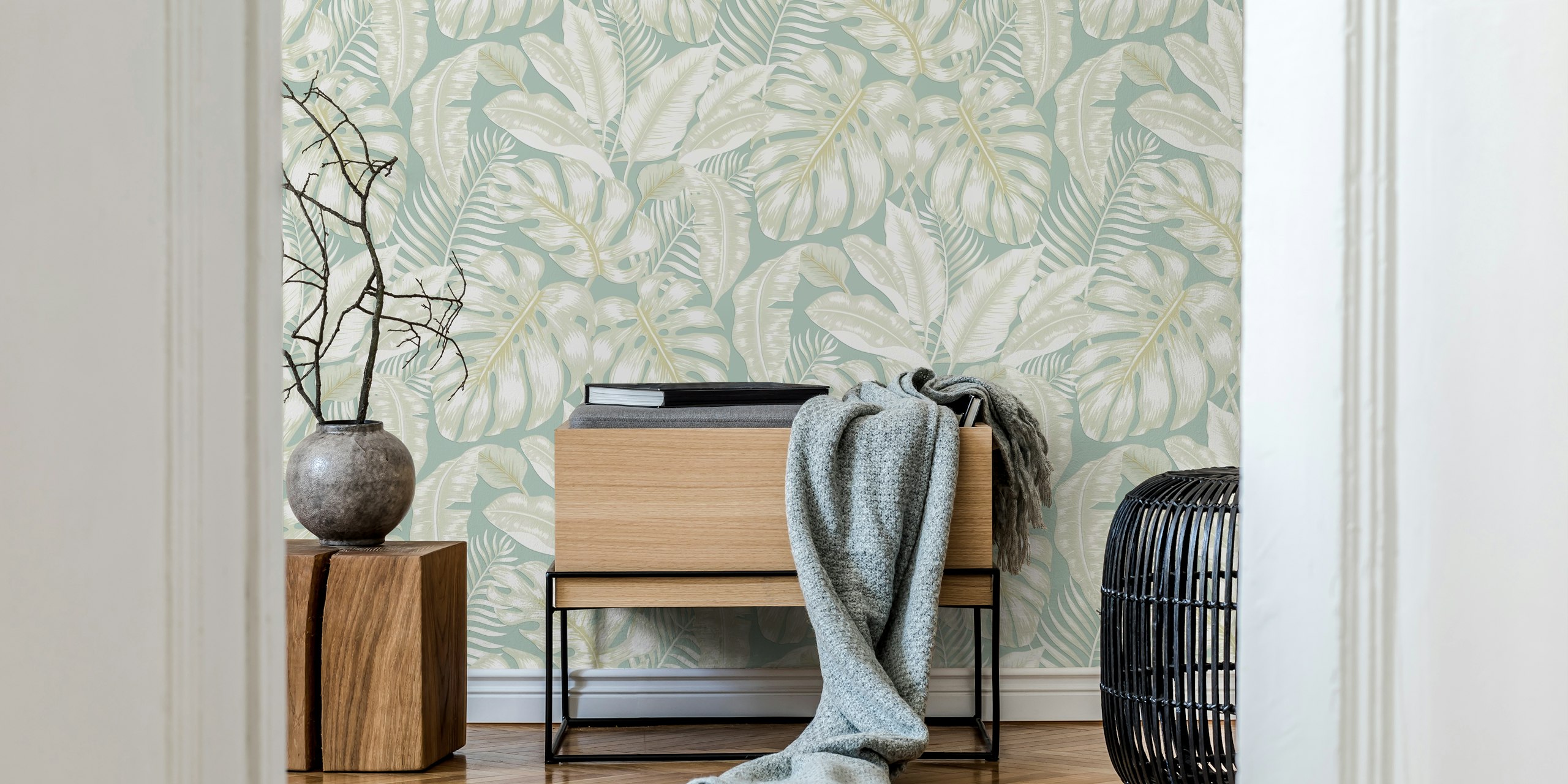 Light Tropical Leaves Oasis wallpaper in a room