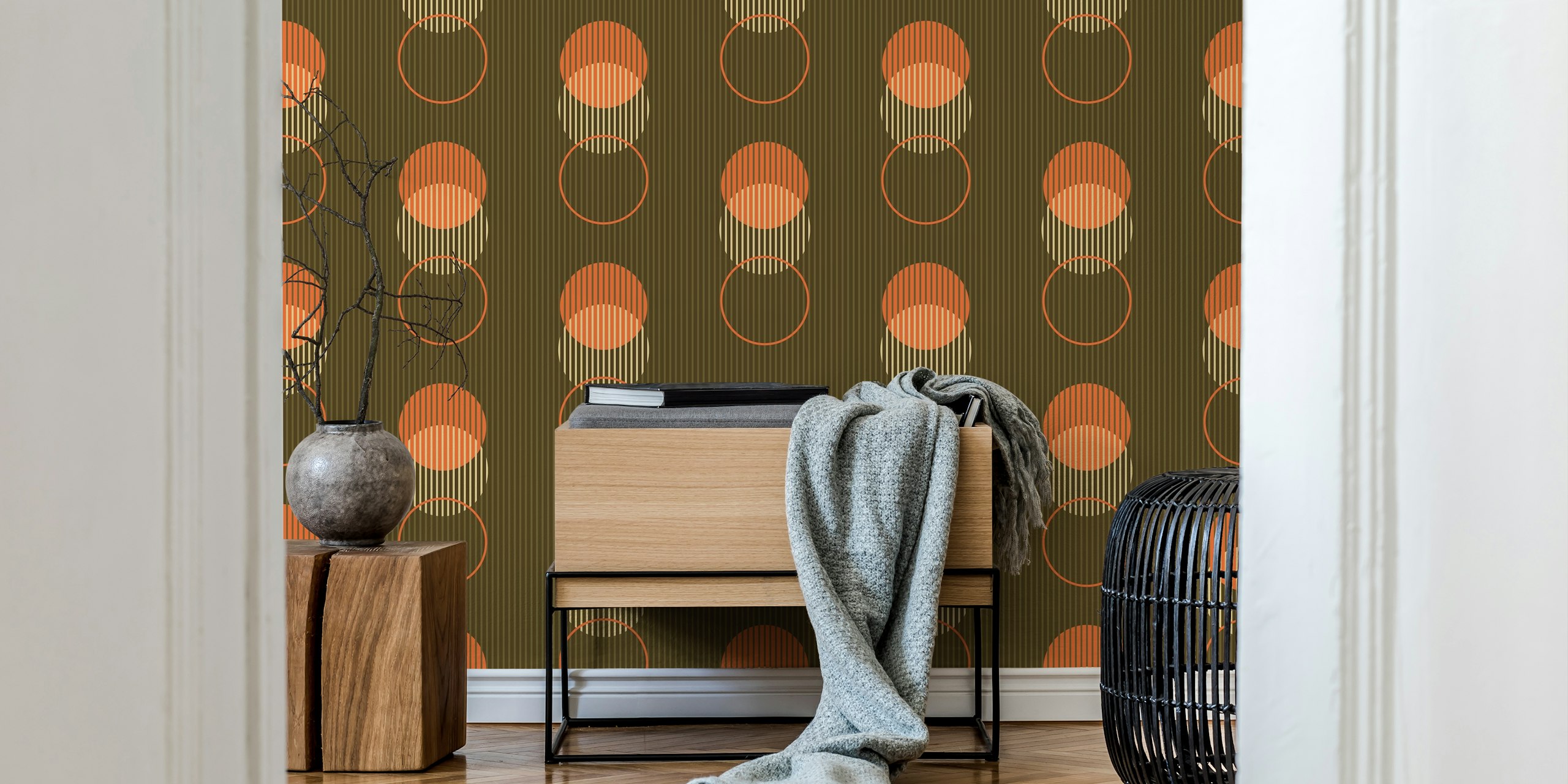 Retro 70s geometric dots wallpaper in a room