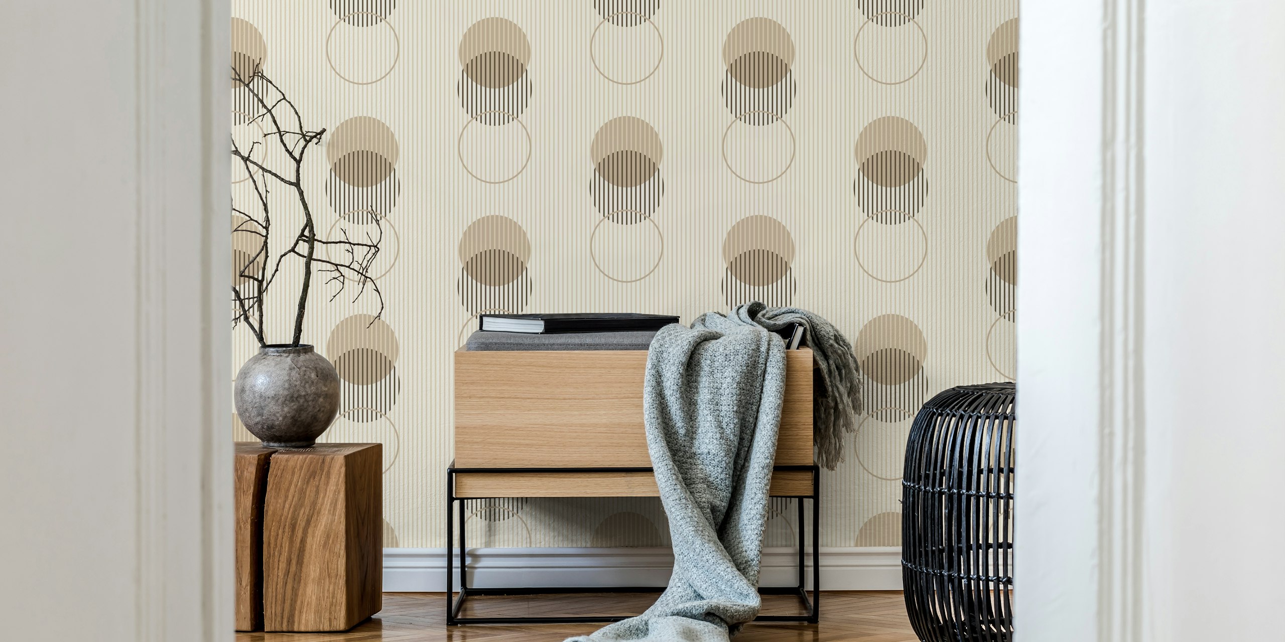 Geometric dots and stripes in brown and beige wallpaper