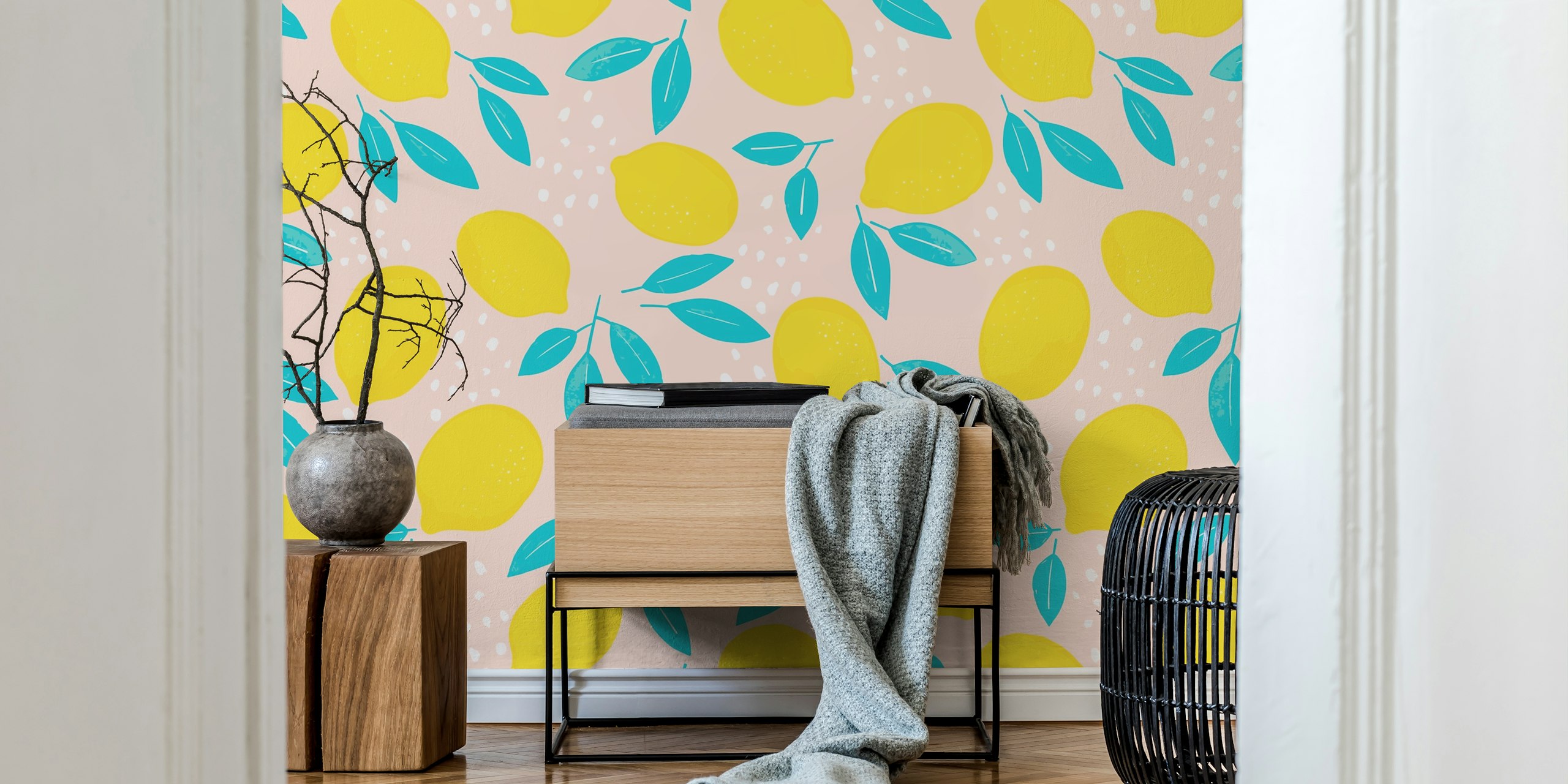 Cheerful lemon pattern papel tapiz en una habitación