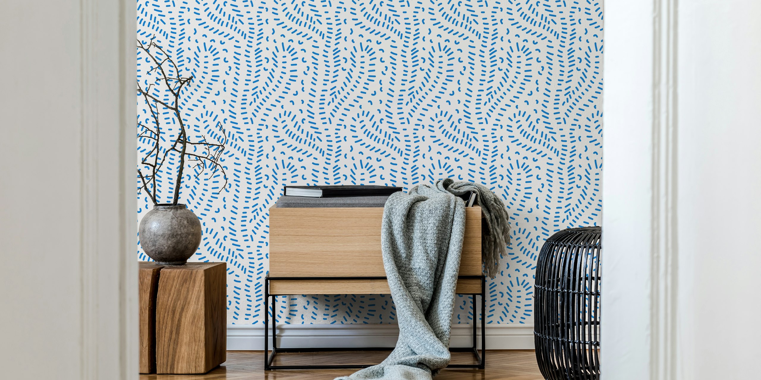 Blue doodle cactus shapes on white background wallpaper